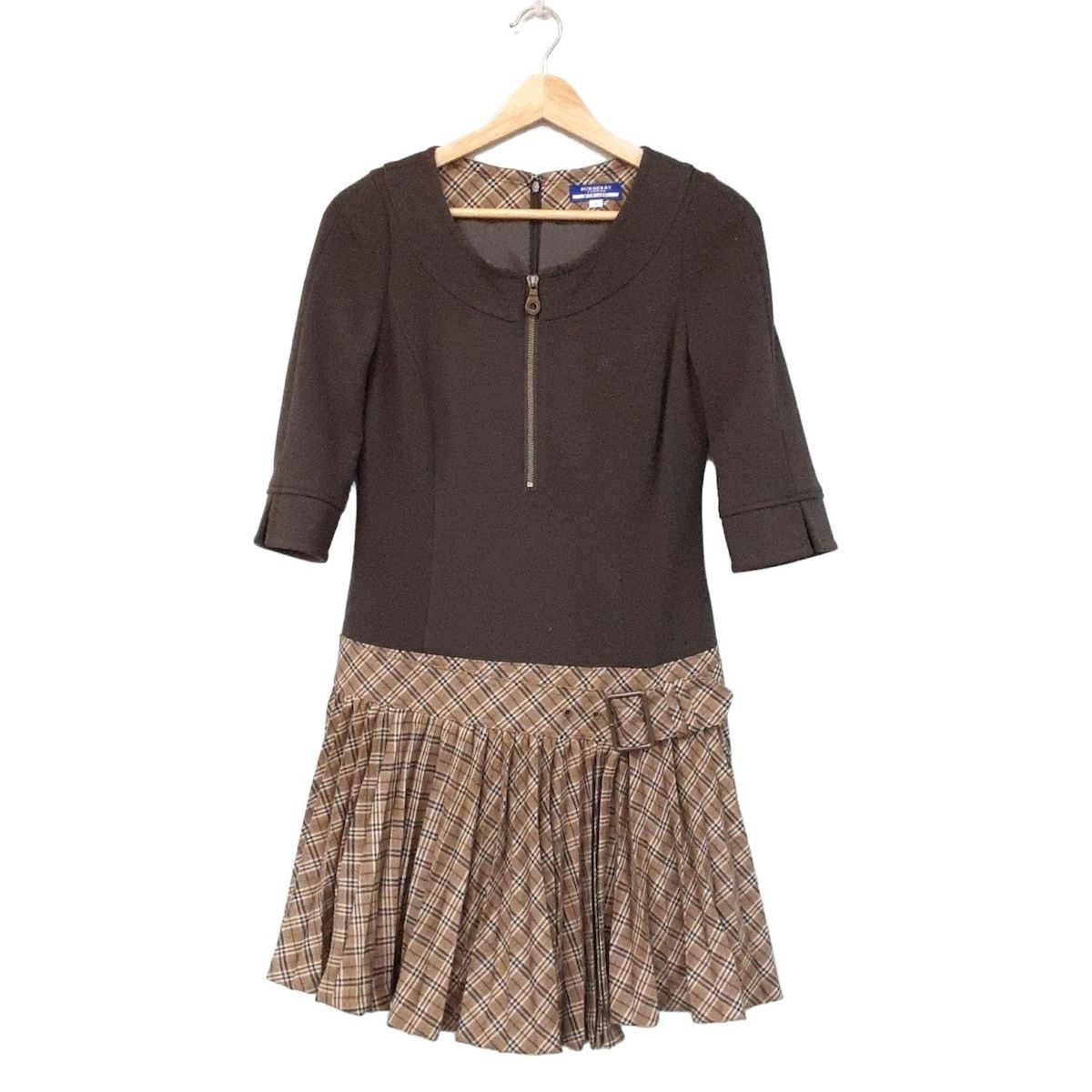 バーバリーブルーレーベル ワンピース サイズ38 M レディース カーキ ベージュ クルーネック 七分袖 ミニ チェック柄