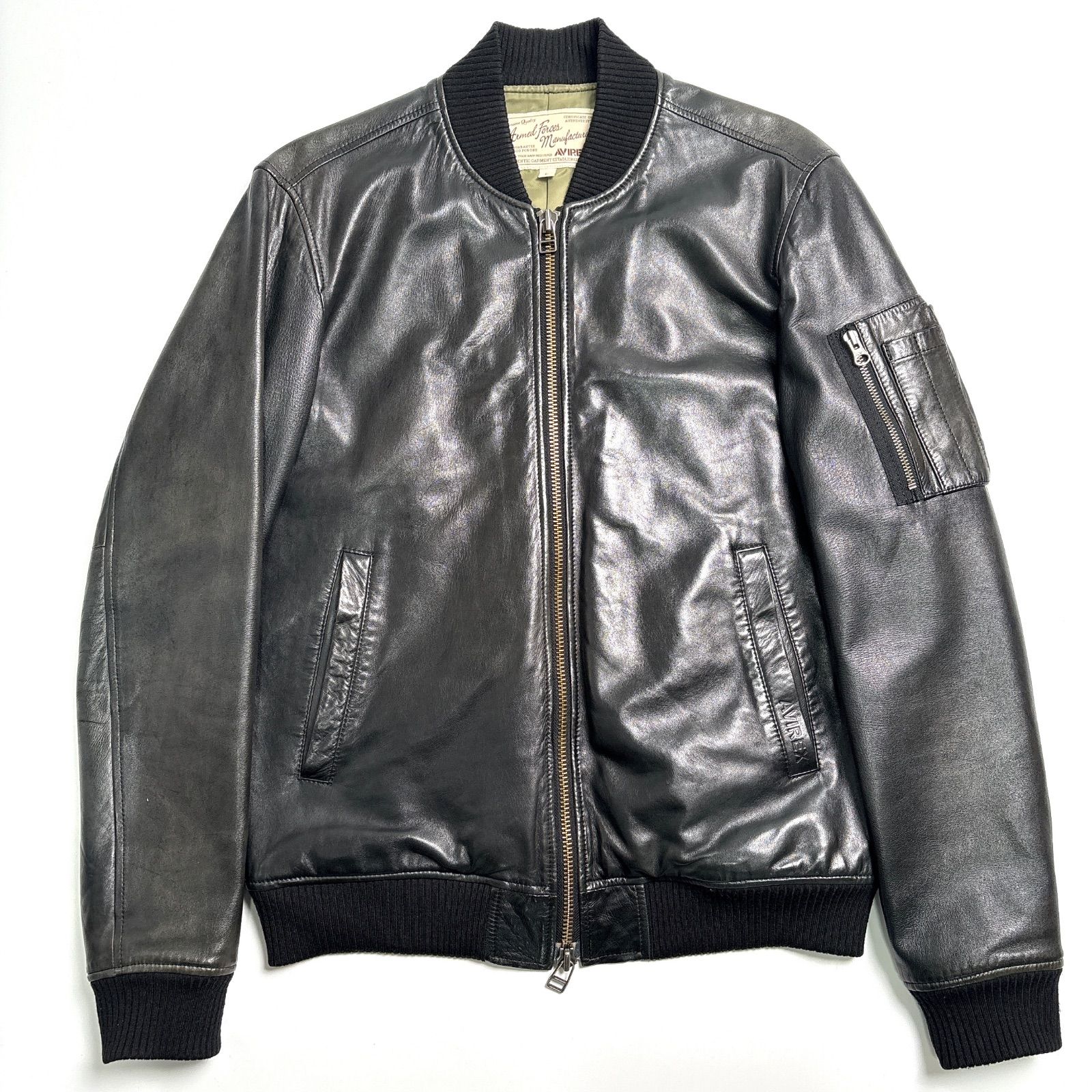 極美品 AVIREX Lサイズ MA-1 レザージャケット フライトジャケット 羊革】AVIREX レザージャケット 黒 L フライトジャケット MA-1 本革
