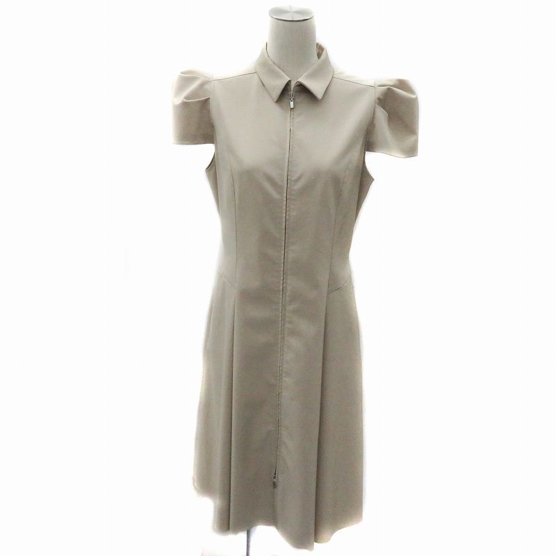 フォクシーニューヨーク FOXEY YORK フロントジップドレス ワンピース ミモレ丈 半袖 付け襟 2 way 42 L ベージュ 27135- NM 7 IBO 83