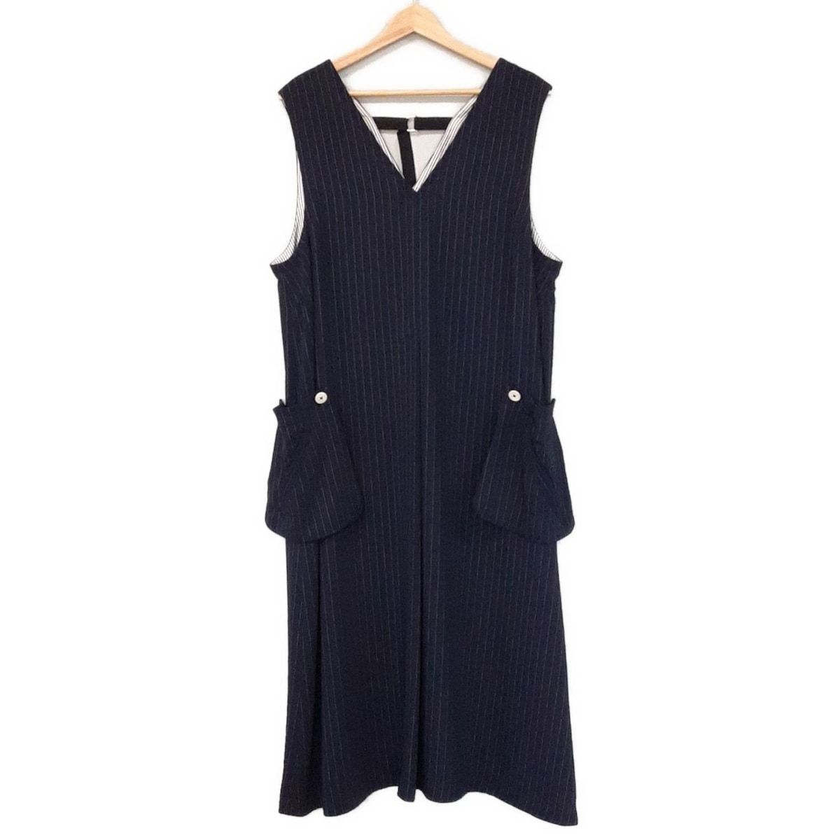 HIROKO BIS ヒロコビス ワンピース サイズ13 AB L レディース ダークネイビー 白 Vネック ノースリーブ ロング ストライプ