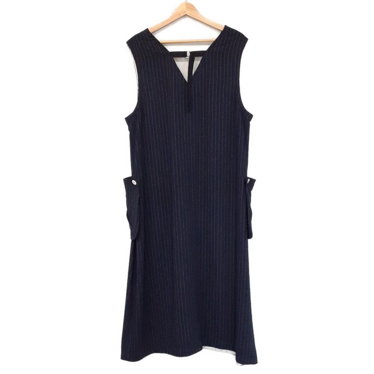 HIROKO BIS ヒロコビス ワンピース サイズ13 AB L レディース ダークネイビー 白 Vネック ノースリーブ ロング ストライプ