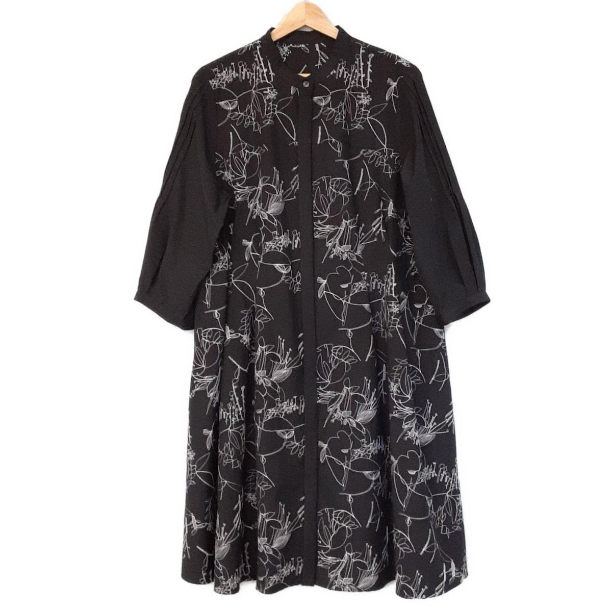 HIROKO BIS ヒロコビス ワンピース サイズ13 AB L レディース 黒 白 ヘンリーネック 七分袖 ロング 刺繍