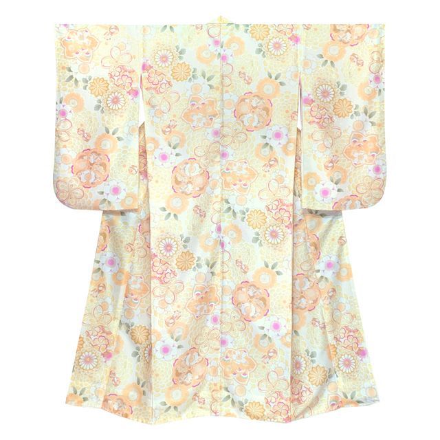 ジュニアサイズ 振袖 小紋柄 合繊 お正月 卒業式袴に 淡イエロー系 鞠と菊 JRFR 875