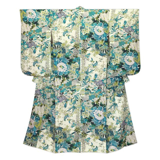 ジュニアサイズ 振袖 小紋柄 合繊 お正月 卒業式袴に 生成りｘ青緑系 花車 JRFR 878