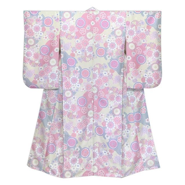 ジュニアサイズ 振袖 小紋柄 合繊 お正月 卒業式袴に ベージュｘピンク パステル菊 JRFR 879