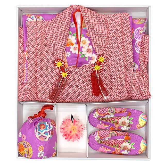  七五三 着物 3歳 女の子 フルセット 古典柄の着物 鹿の子柄の被布コートセット 赤鹿の子ｘ紫古典柄 THFMab-rset-02 七五三 季節 年中行事