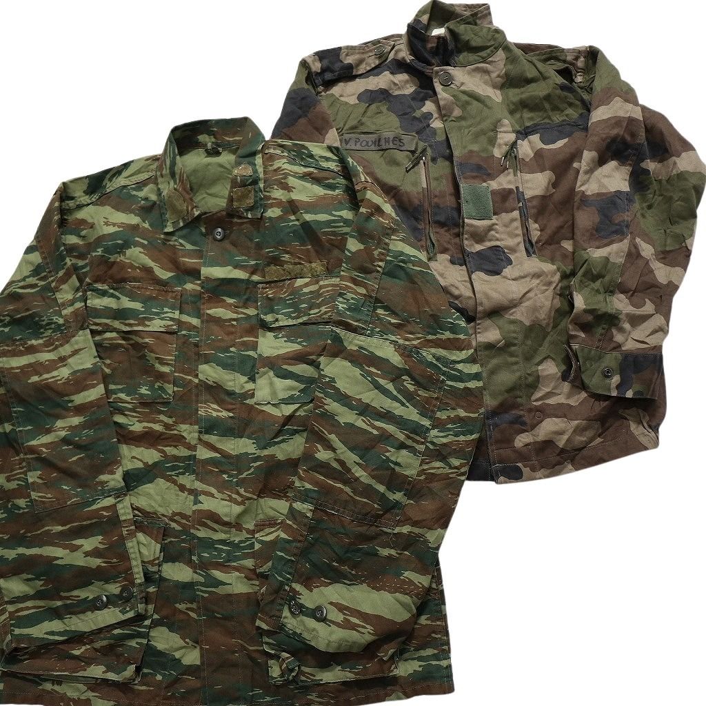 B ユーロ古着ミリタリー迷彩カモフラジャケットパンツ長袖類30着セットまとめ売り 70年代 フランス軍 リザードカモ M-47 カーゴパンツ メンズW33 古着