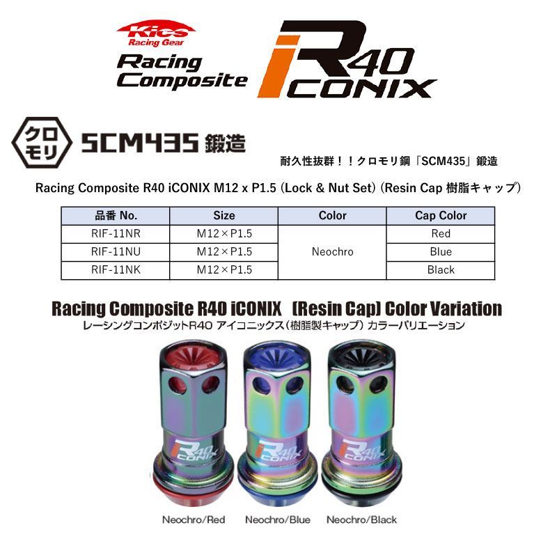 KYO EI レーシングコンポジットR 40アイコニックス 樹脂製キャップ付 ホイールナット＆ロックセット M 12 P 1 5 ネオクロ