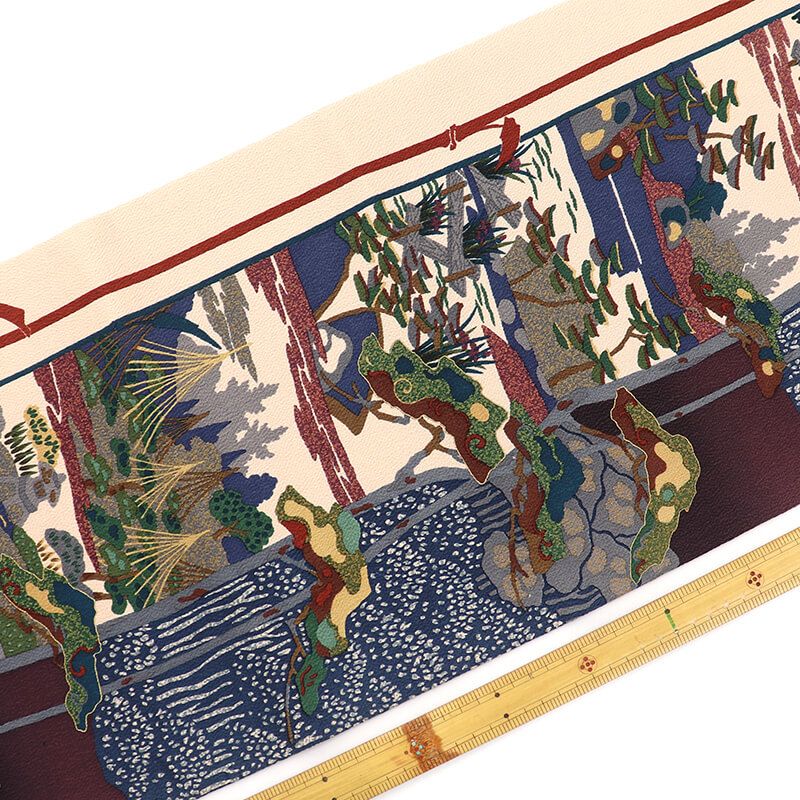 名古屋帯 正絹 九寸帯 全通柄 ベージュ 風景柄 縮緬 開き仕立て 長さ363 cm 幅31 和装 普段使い おしゃれ着向き