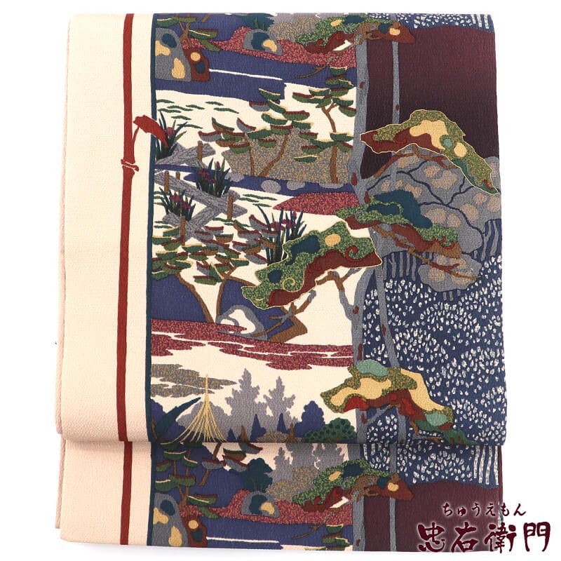 名古屋帯 正絹 九寸帯 全通柄 ベージュ 風景柄 縮緬 開き仕立て 長さ363 cm 幅31 和装 普段使い おしゃれ着向き