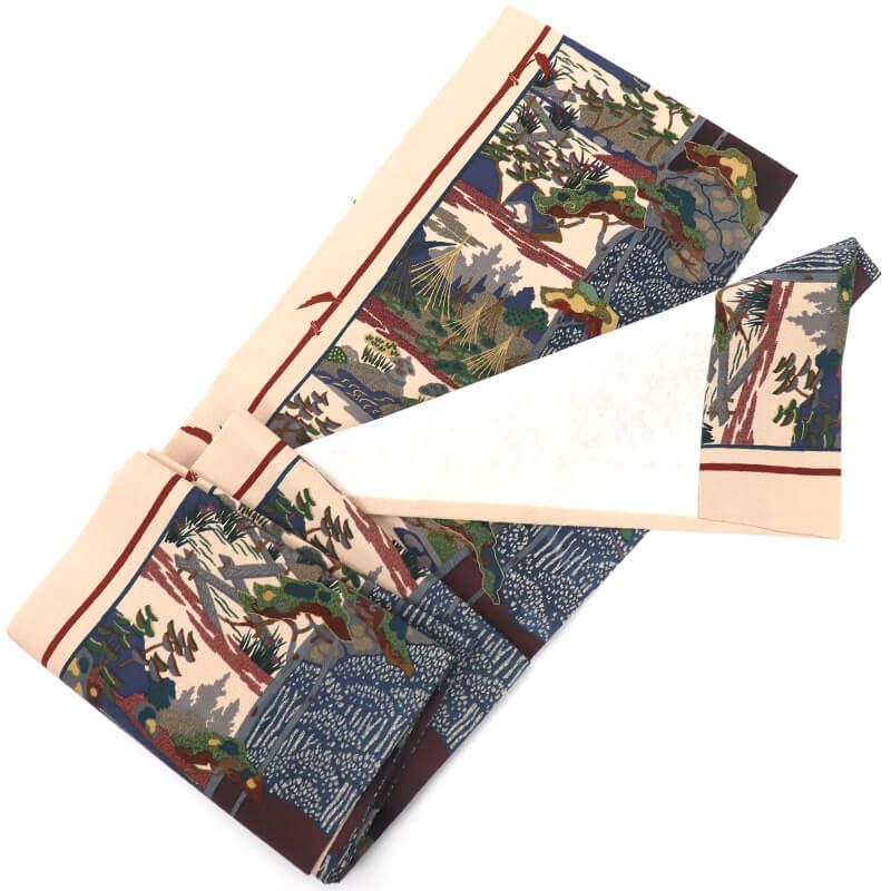  名古屋帯 正絹 九寸帯 全通柄 ベージュ 風景柄 縮緬 開き仕立て 長さ363 cm 幅31 和装 普段使い おしゃれ着向き 名古屋帯 帯