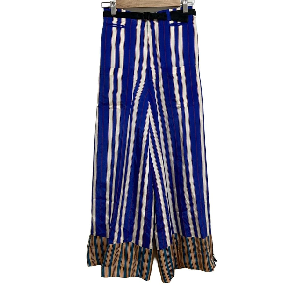 TELMA テルマ パンツ サイズ34 S レディース - ブルー×アイボリー×レッド フルレングス ストライプ