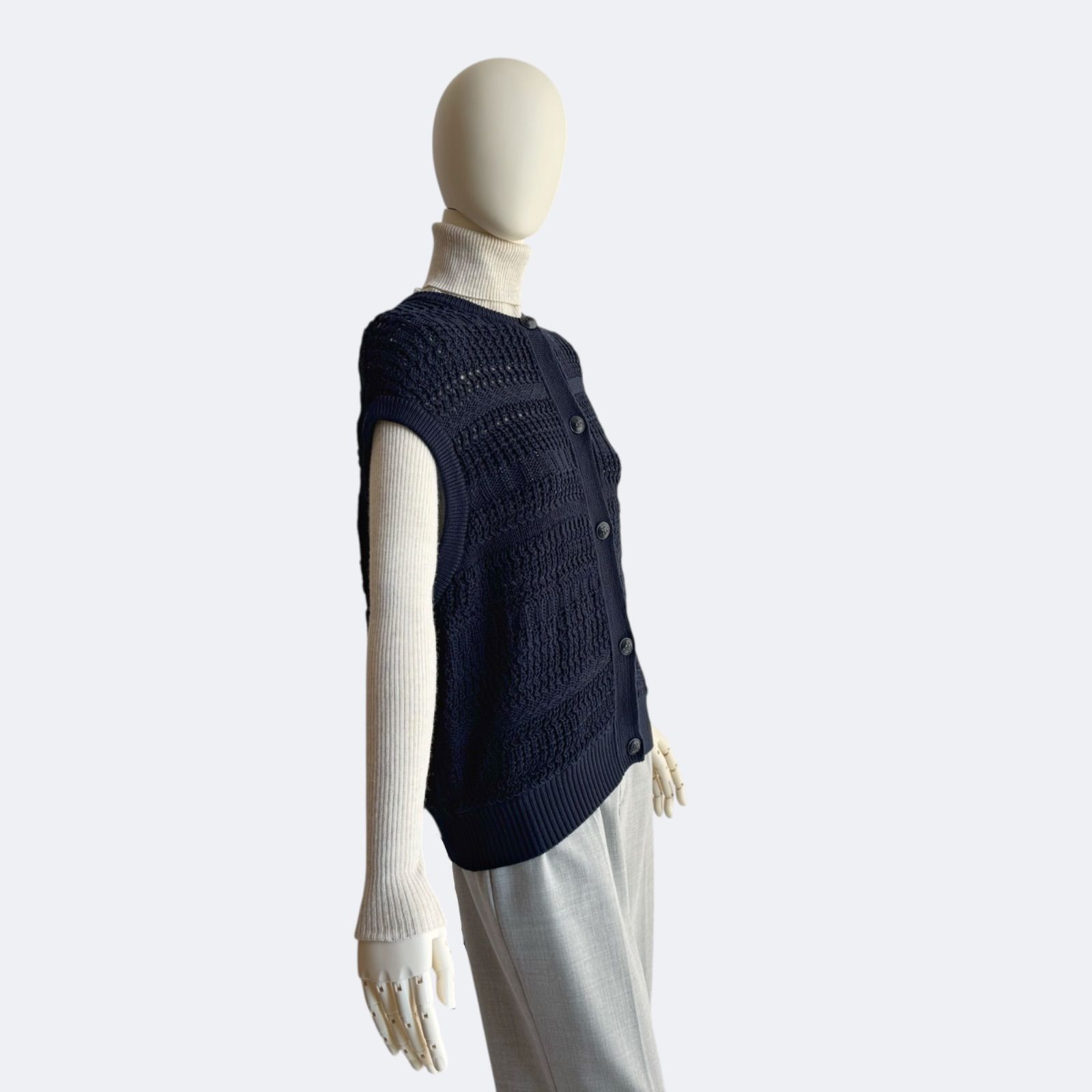  Drawer ドゥロワー｜コットン透かし編みニットベスト ネイビー ジレ 羽織り ニットベスト ベスト ジレ ビスチェ