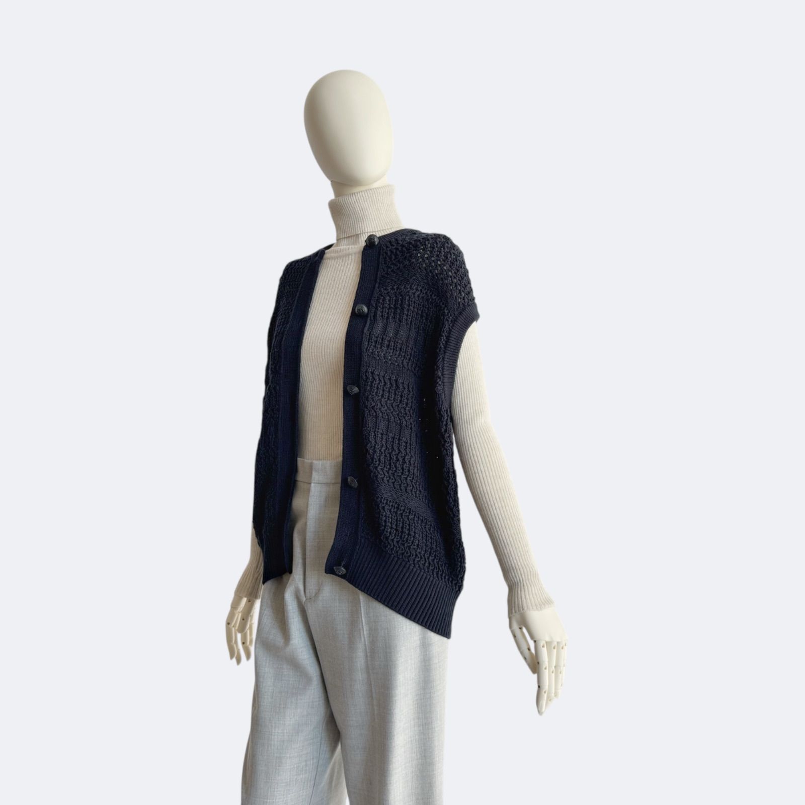 Drawer ドゥロワー｜コットン透かし編みニットベスト ネイビー ジレ 羽織り