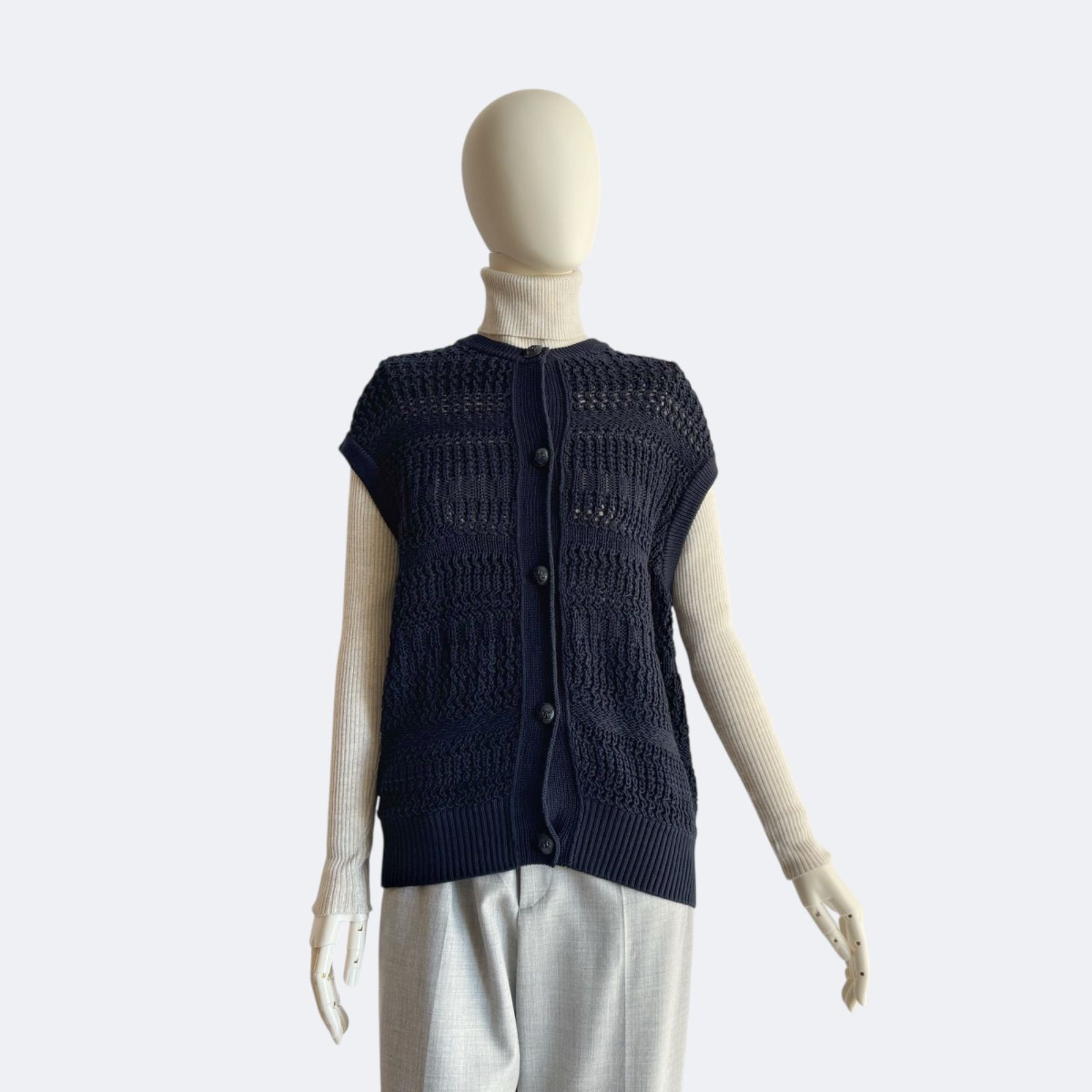 Drawer ドゥロワー｜コットン透かし編みニットベスト ネイビー ジレ 羽織り