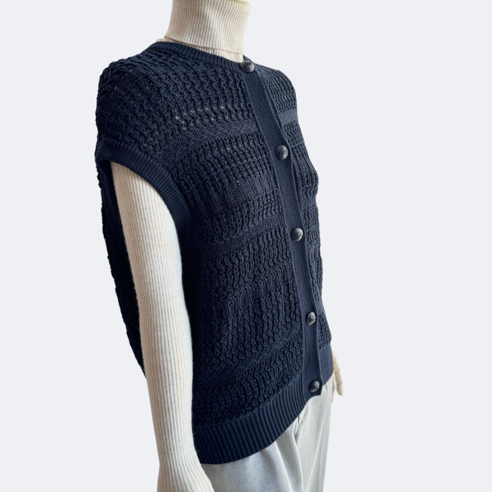 ドゥロワー｜コットン透かし編みニットベスト ネイビー