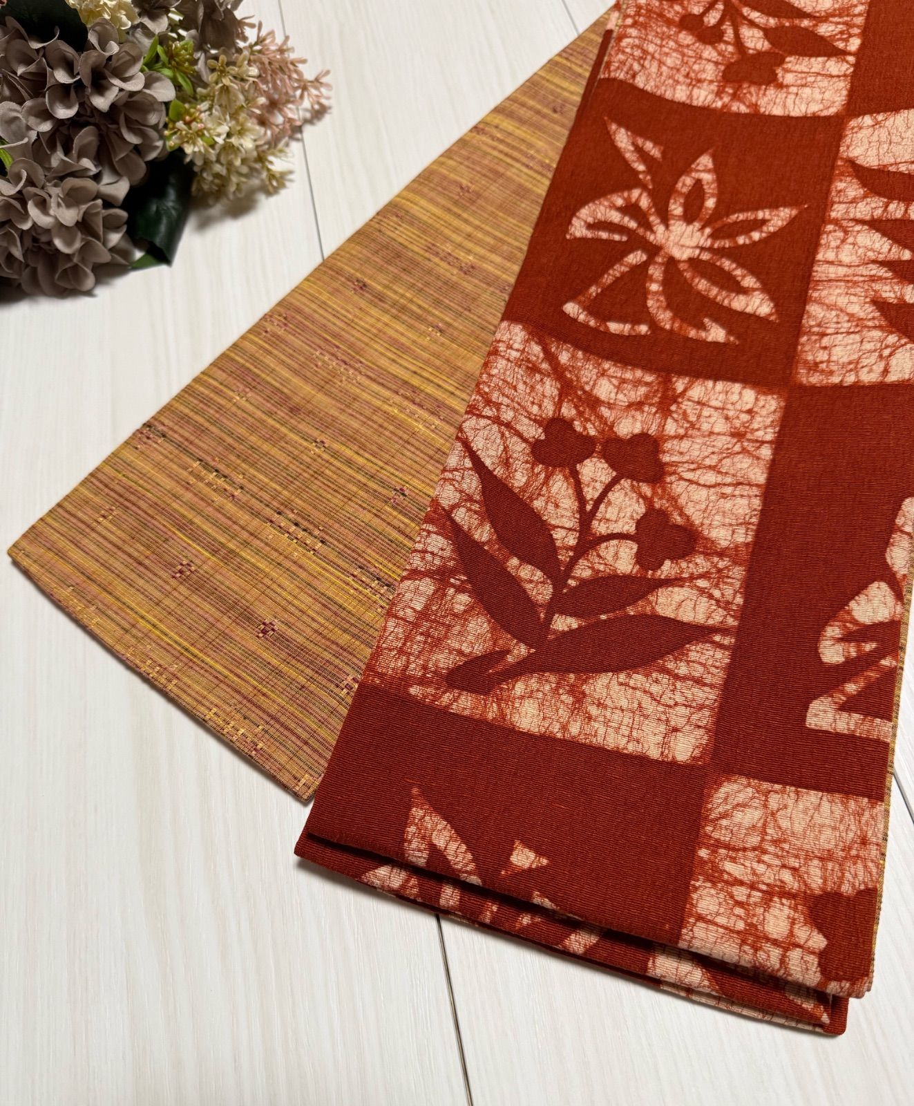 最後の一点 271号 半幅帯 ろうけつ染め 花織風紬 正絹 リバーシブル ︎同じ生地は2度と入荷しません 1点〜6点までの 商品 ︎