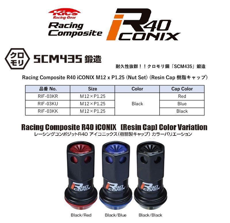 KYO EI レーシングコンポジットR 40アイコニックス 樹脂製キャップ付 ホイールナット M 12 P 1 25 ブラック