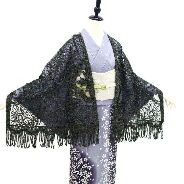 ショール リサイクル 正絹 無月 ＭＵＧＥＴＵ 染織デザイナー 堀口無月 黒 緑 赤 黄色 更紗 おしゃれ カジュアル 春 秋 冬 小物 和装小物 ストール みやがわ sb 107