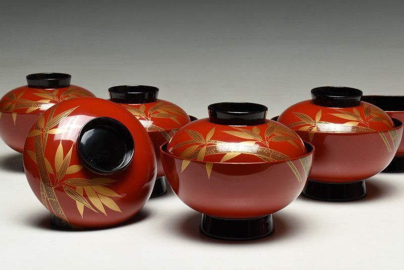 蔵A 2278 d 木製朱塗 竹笹文蒔絵 吸物椀 汁椀 五客 共箱