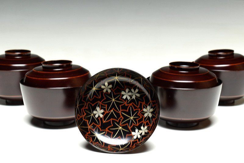 蔵A2430b 木製見返蒔絵紅葉文 吸物椀 汁椀 五客