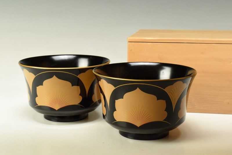 蔵A 2104 c 木製 盃洗 唐葉紋蒔絵 二客 木箱