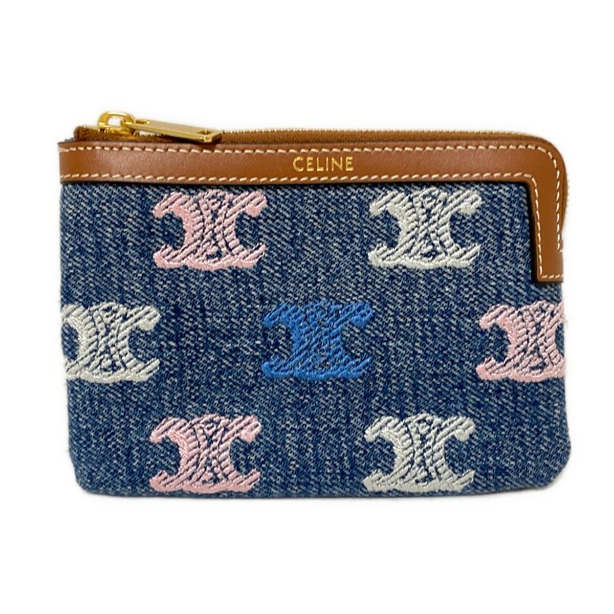 CELINE セリーヌ コインケース トリオンフ .14 ML ネイビー×ダークブラウン×マルチ 刺繍 レザー