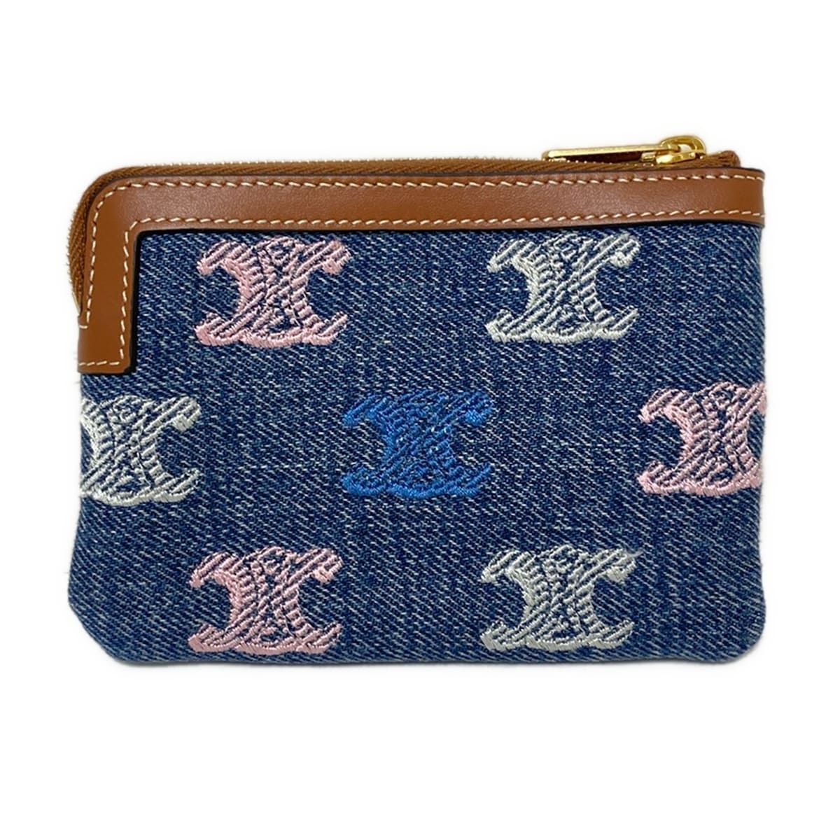 CELINE セリーヌ コインケース トリオンフ 14 ML ネイビー ダークブラウン マルチ 刺繍 レザー