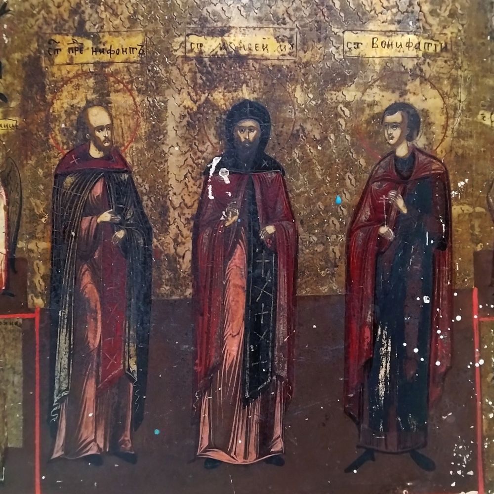 8/31までの特価セールです。稀少　本物アンティーク イコン(宗教板画) 東欧イコン 三聖人 18-19世紀頃 東ヨーロッパ 木に彩色 正教会