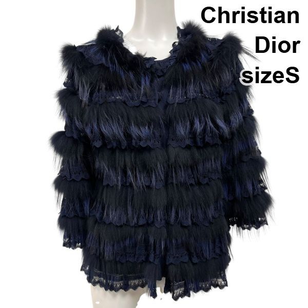 クリスチャンディオール Christian Dior ディガン トップス 五分袖 ティアード ネイビー フォックスファー S 7号 レディース 5 X 527