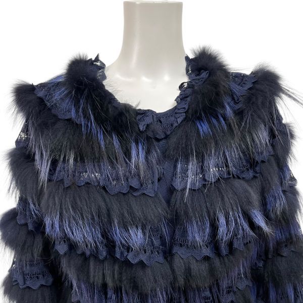 クリスチャンディオール Christian Dior ディガン トップス 五分袖 ティアード ネイビー フォックスファー S 7号 レディース 5 X 527