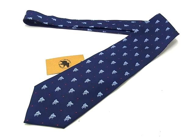 新品未使用 HUNTING WORLD ハンティングワールド シルク100% エレファント 象柄 ネクタイ ビジネス 紳士 ネイビー系 BQ1308