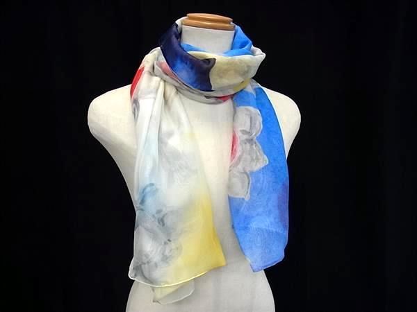 ■新品同様■ HARRY WINSTON ハリーウィンストン シルク100％ スカーフ ショール ストール アイボリー系×ブルー系×レッド系 FR4544 □新品同様□ HARRY WINSTON ハリーウィンストン シルク100％ スカーフ
