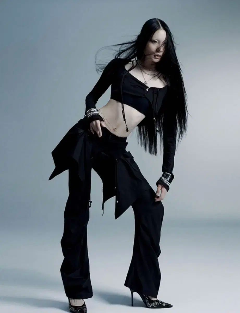 カシコ レイヤード ストラップ パンツ ブラック m