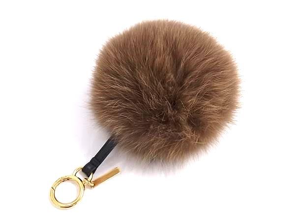 FENDI フェンディ ポンポンチャーム ファー レザー キーホルダー キーリング バッグチャーム ブラウン系 FU 5375