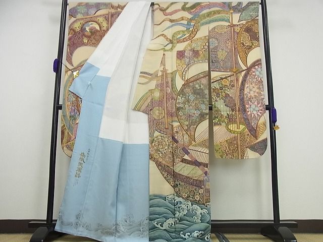 平和屋本店□極上 初代 染人・山岡古都 首里琉染 振袖 天神船宝尽し 鬼