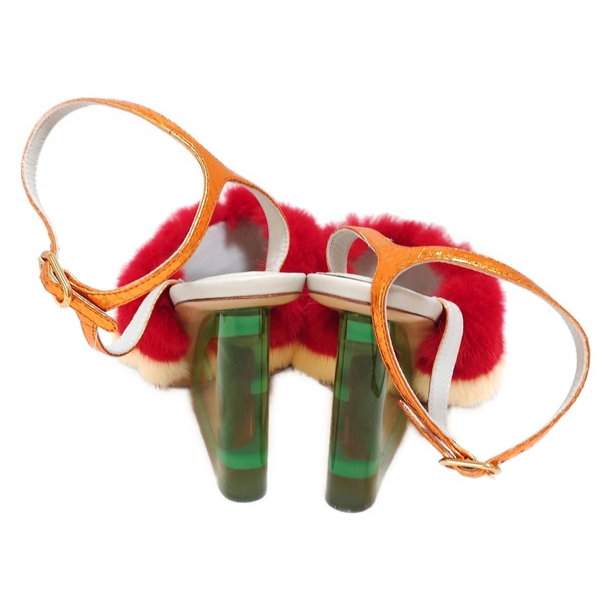  FENDI フェンディ サンダル 37 レディース - ライトブルー×レッド×マルチ レザー ファー サンダル サンダル ミュール