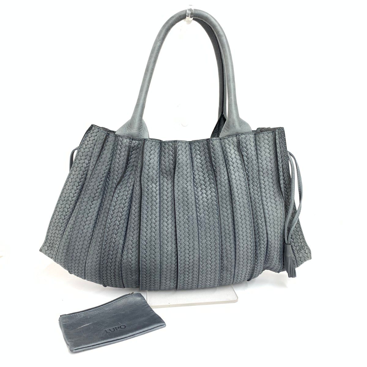 LUPO ルポ 巾着トートバッグ プリーツ/メッシュ柄/レザー グレー ユニ
