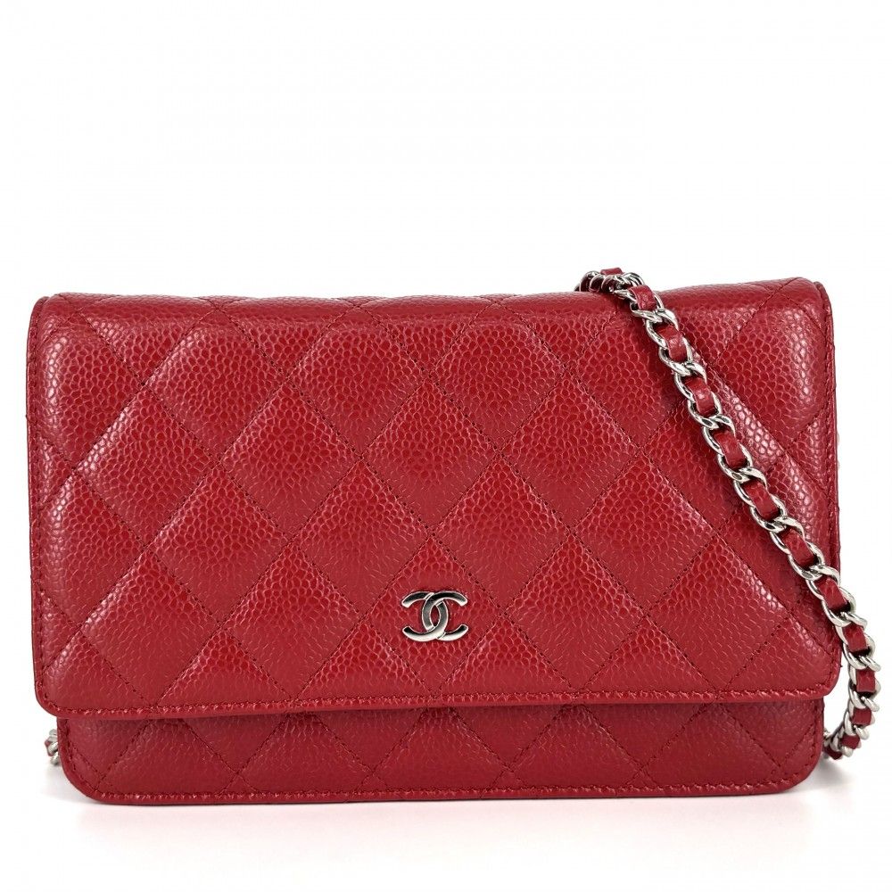 シャネル チェーンウォレット レディース ショルダーバッグ ココマーク 斜め掛け 財布 CHANEL キャビアスキン レッド 赤 シルバー金具 品