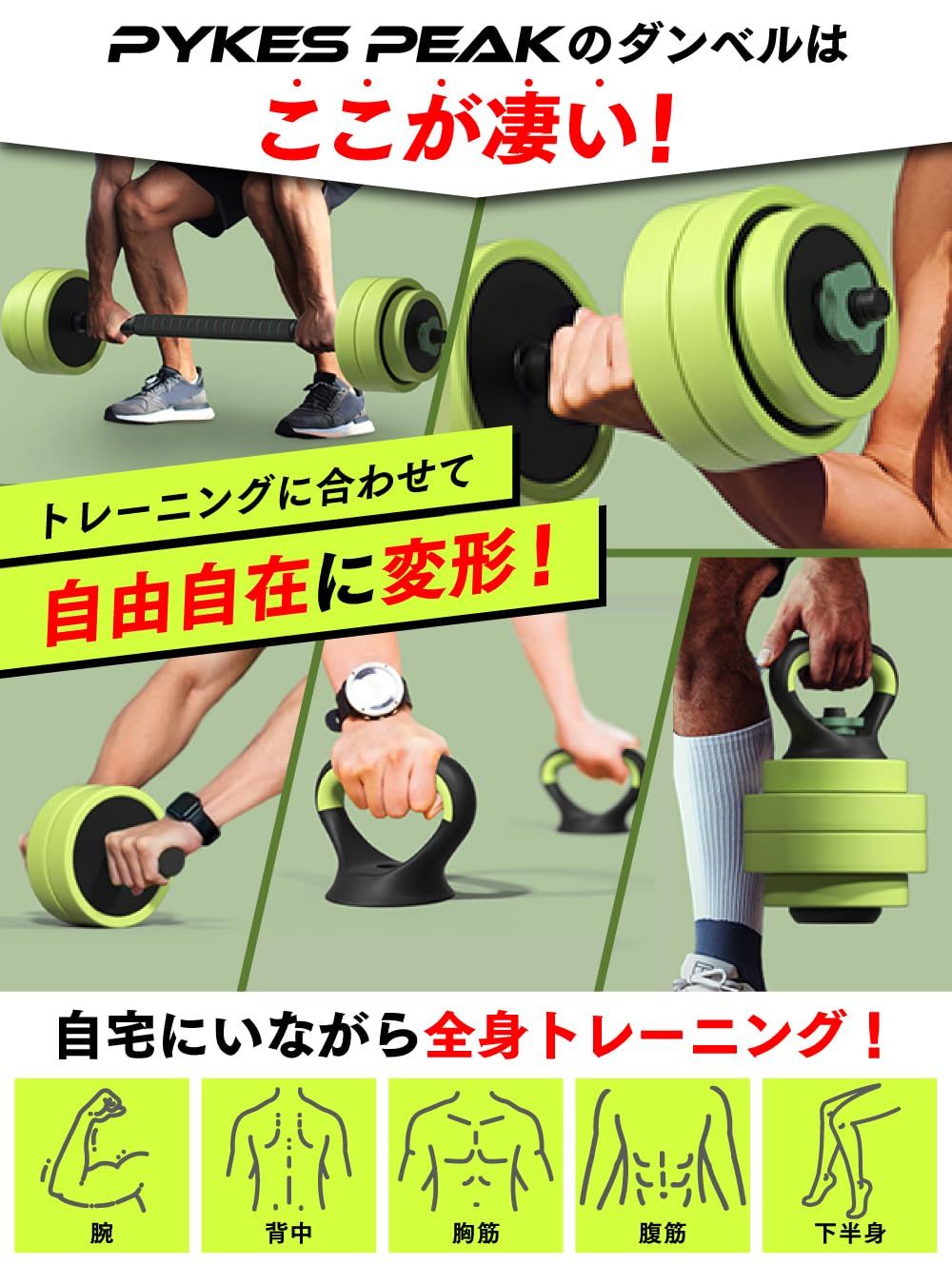 腹筋ローラー　ダンベル PYKES PEAK 可変式 ダンベル 5kg 10kg 15kg 20kg 2個セット ダンベル