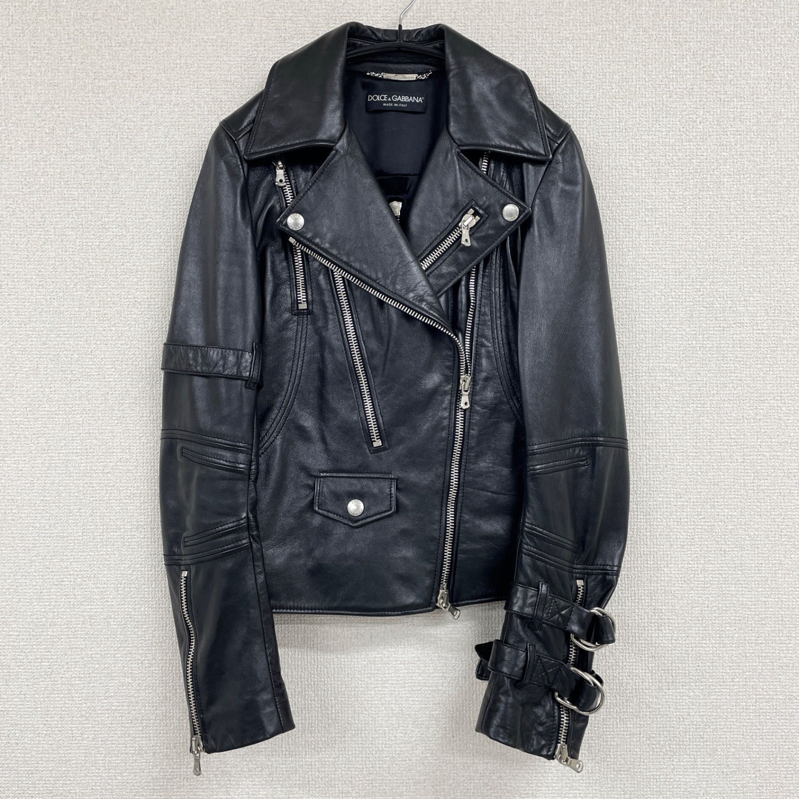 DOLCE-GABBANA ドルチェアンドガッバーナ レザージャケット ダブルライダース ボンテージ マルチストラップ ベルト マルチジップ 羊革 裏地シルク 黒 イタリア製 レディース 38