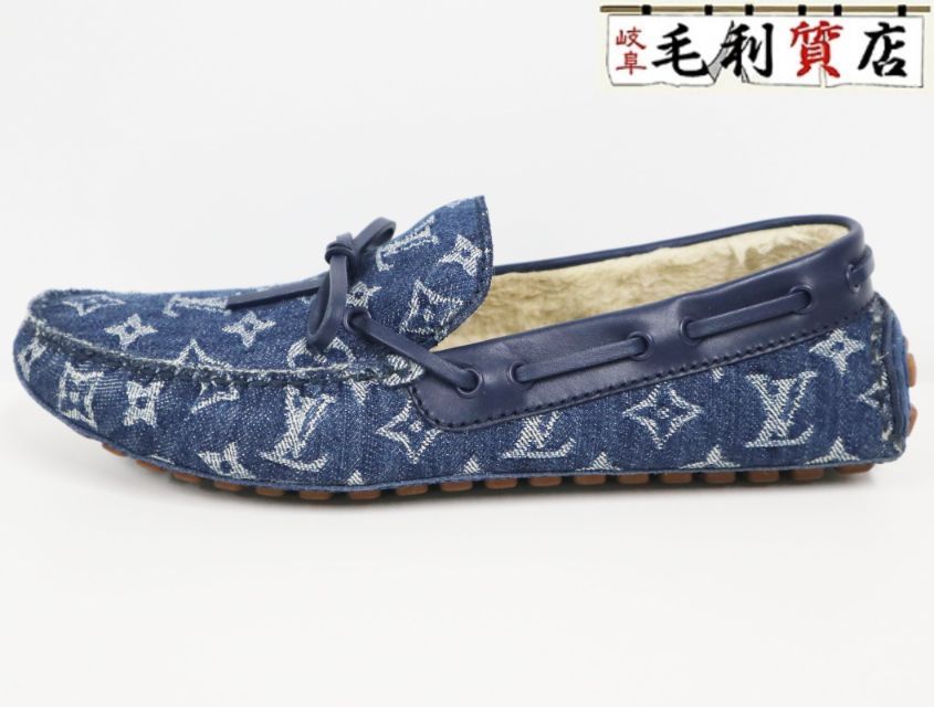 LOUIS VUITTON ルイヴィトン 20年 アリゾナライン モノグラムデニム 裏ムートン モカシン ローファー サイズ8 ブルー 靴