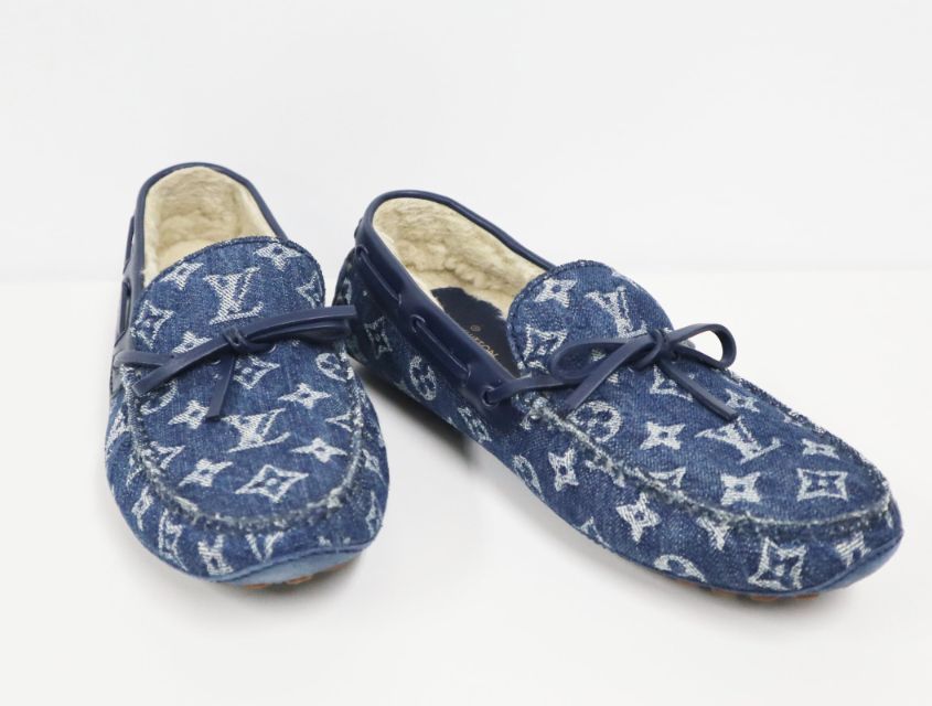 LOUIS VUITTON ルイヴィトン 20年 アリゾナライン モノグラムデニム 裏ムートン モカシン ローファー サイズ8 ブルー 靴