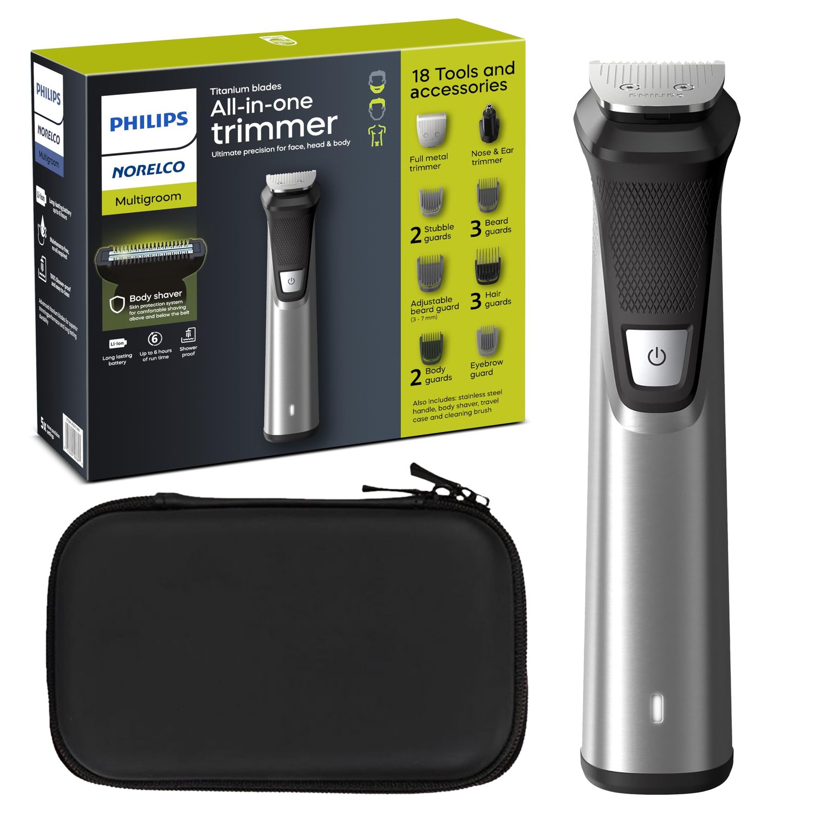 PHILIPS Norelco Multigroom 9000シリーズ MG 9740-18-in-1 精密トリマー 顔 頭 ボディ用 チタンブレード付き バッテリー寿命6時間 防水デザイン パッケージは異なる場合があります WIth Case