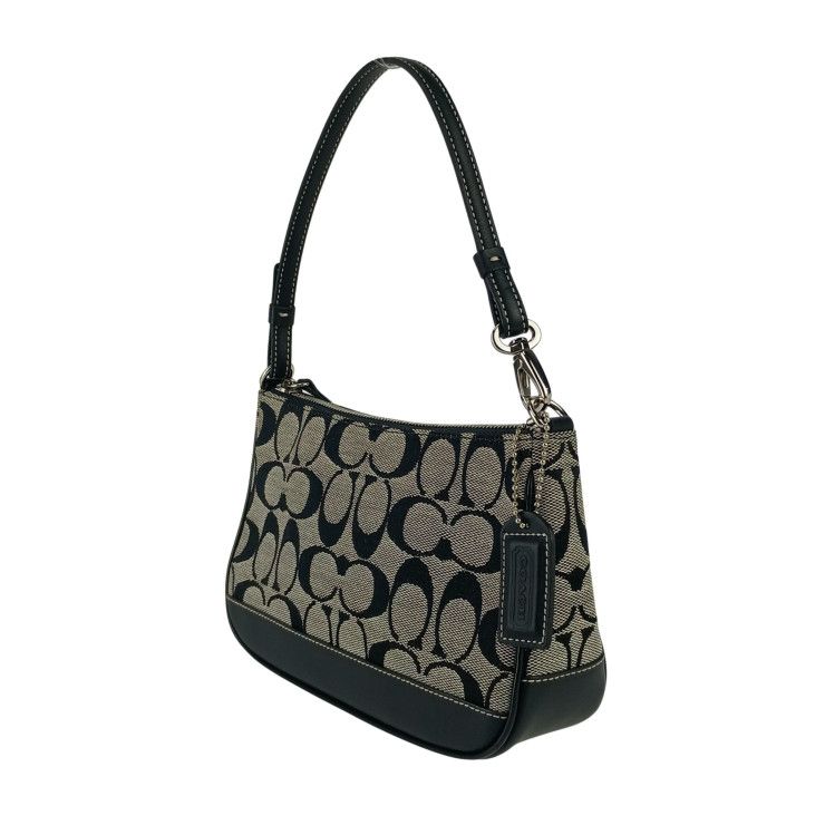 COACH コーチ ハンドバッグ シグネチャー デミポーチ 6094 アイボリー×ブラック キャンバス×レザー レディース アクセサリーポーチ シルバー金具 美品