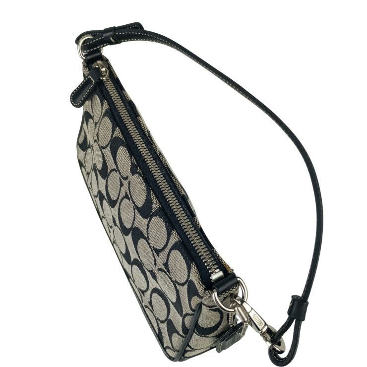 COACH コーチ ハンドバッグ シグネチャー デミポーチ 6094 アイボリー×ブラック キャンバス×レザー レディース アクセサリーポーチ シルバー金具 美品