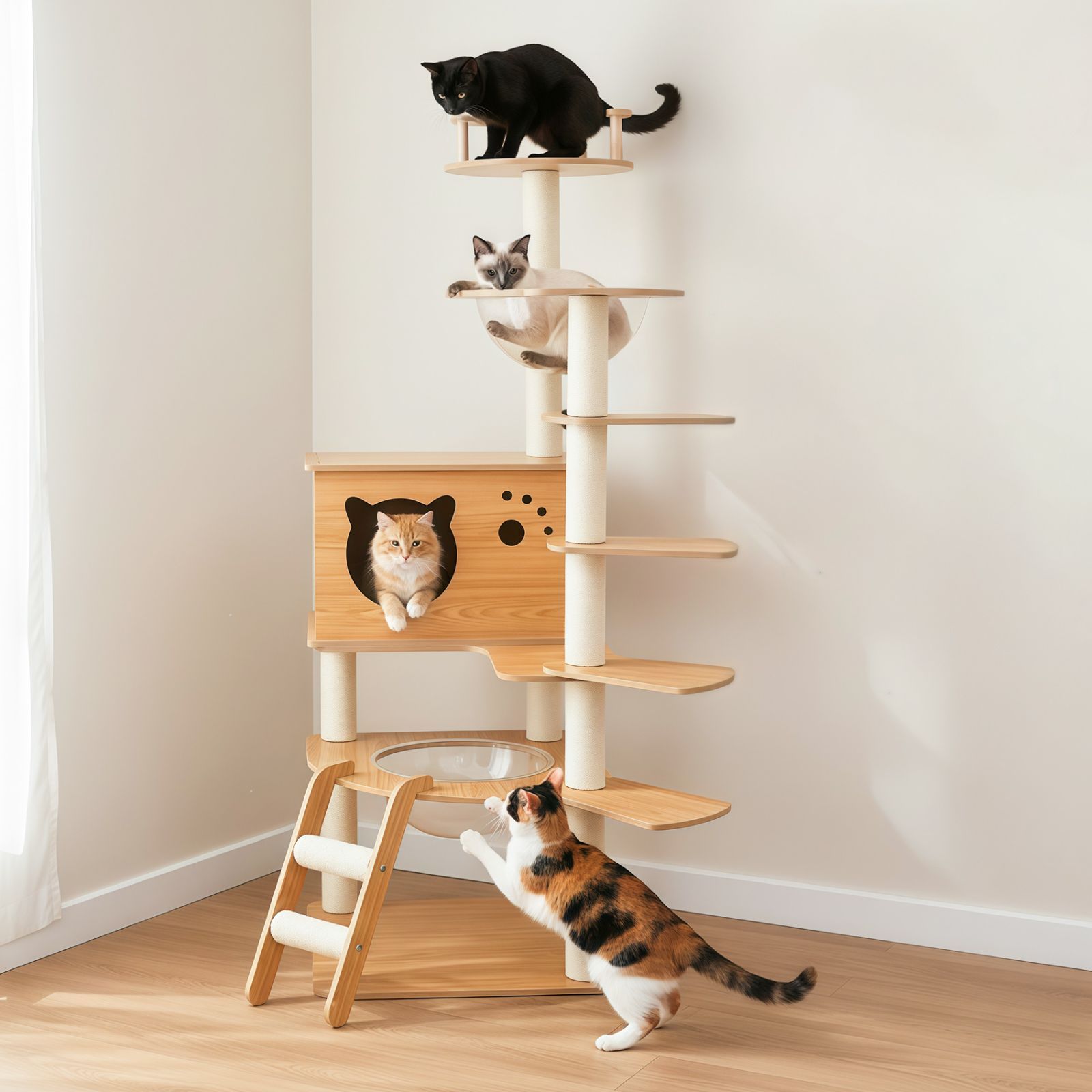 キャットタワー 木製 シニア猫 太った猫 短足猫 子猫向け 透明ボウル ハンモック宇宙船付き 高さ約130 cm 多頭飼い 猫ハウス 角丸加工 掃除簡単 多ステップ 階段付き ホワイトコットン支柱 爪とぎポール
