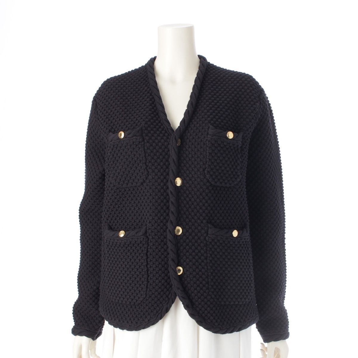 ドゥロワー 23 SS コットン ケーブルパイピング ニット 金ボタン テーラードジャケット 6515-199-0553 ブラック
