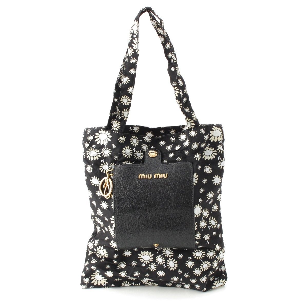 ミュウミュウ ナイロン レザー フラワー柄 ロゴ 折りたたみ エコバッグ ブラック