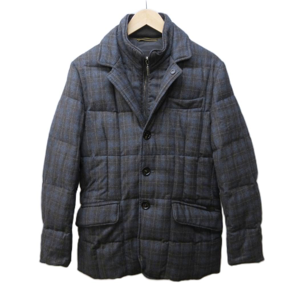【中古】ムーレー MOORER WELLS-FF ダウンジャケット ダウンコート チェック ウール 44 約S 灰 青 グレー ブルー 系 ムーレー MOORER WELLS-FF ダウンジャケット ダウンコート チェック